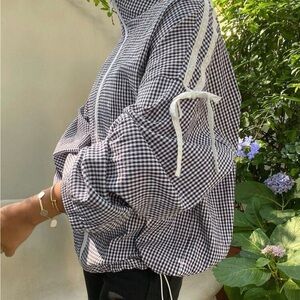 Gingham Lace Bow Sleeve Zip Jacket